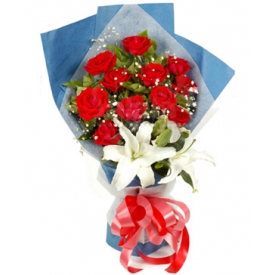 12 red roses with 1 lilie in  bouquet